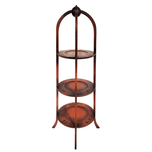 1950s Antique English Asian Style Red & Chinoiserie Painted Muffin Stand Etegere Table For Sale - Image 5 of 14