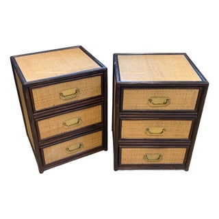 Mid-Century Glazed Rattan 3-Drawer Nightstands, 1950s, Set of 2 For Sale