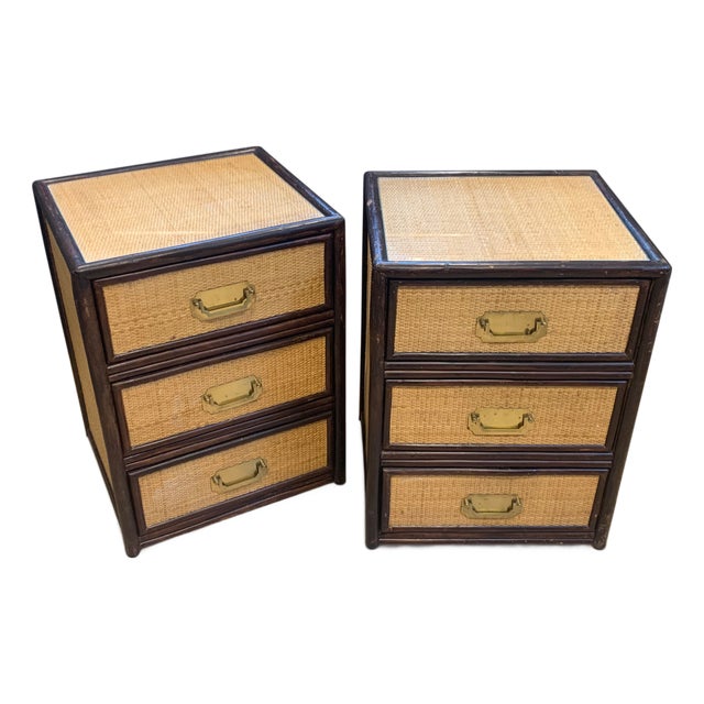 Mid-Century Glazed Rattan 3-Drawer Nightstands, 1950s, Set of 2 For Sale