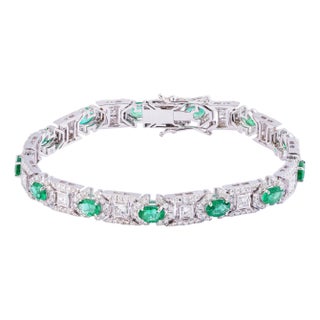 Natural Zambian Emerald Tennis Bracelet with Diamonds and 18k Gold For Sale