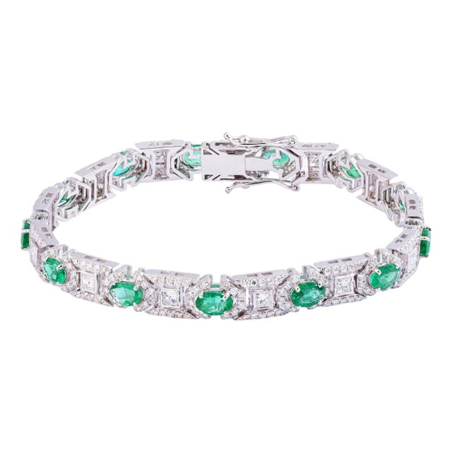 Natural Zambian Emerald Tennis Bracelet with Diamonds and 18k Gold For Sale