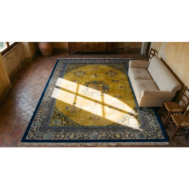 1920s Yellow Safrron Medallion Antique Chinese Peking Carpet 9'' X 12' Knotted Wool Rug For Sale - Image 15 of 15