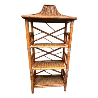 Bamboo 3 Tier Shelf Bookshelf Display Case With Wicker Pagoda Top For Sale