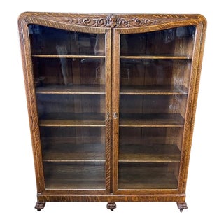 Antique French Carved Quarter Sawn Tiger Oak Bookcase ~Double Door Curio Cabinet For Sale