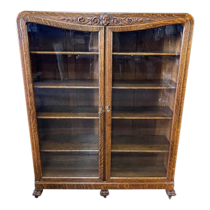 Antique French Carved Quarter Sawn Tiger Oak Bookcase ~Double Door Curio Cabinet