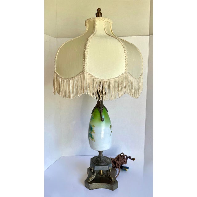 Antique Victorian Revival Hand-Painted Floral Glass Table Lamp With Dolphin Supports For Sale - Image 10 of 12