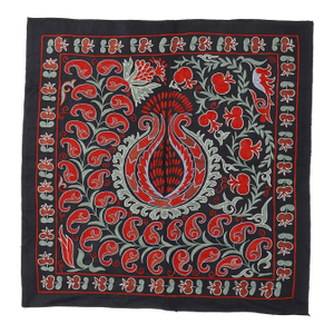 3'x3' Tashkent Embroidered Wall Hanging, Vintage Tablecloth in Black, Green, Red