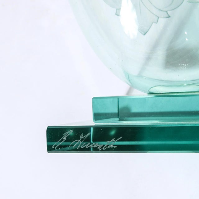 Frosted and Etched Cut Glass Leaf Vase/Bowl on Geometric Base by Robert Guenther For Sale - Image 4 of 12