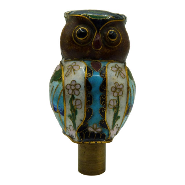 Vintage Brass Cloisonné Owl Lamp Finial For Sale