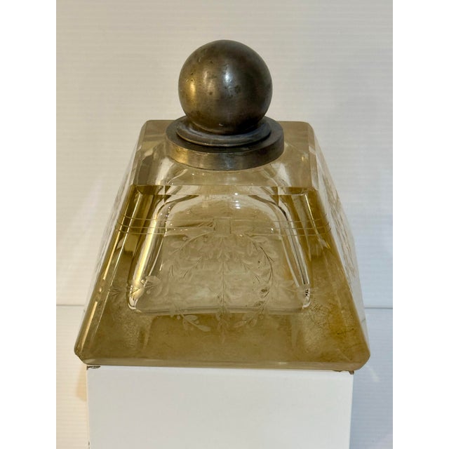 Antique Art Deco Frosted Glass Inkwell With Pewter Orb Lid For Sale - Image 10 of 12