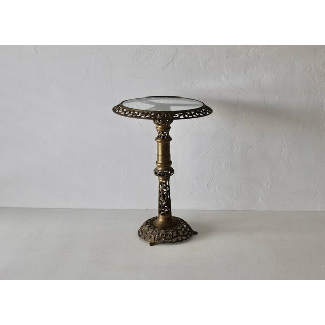 Art Nouveau 1970s Pierced Reticulated Brass Pedestal Glass Top Drinks Side Table For Sale - Image 3 of 18
