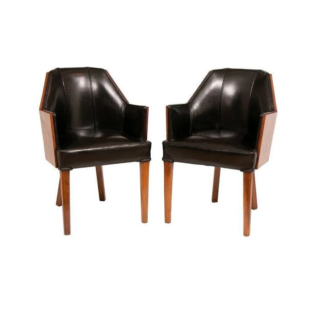 Set of British Art Deco Walnut Salon Chairs with Leather Upholstery, 1930s For Sale - Image 10 of 10