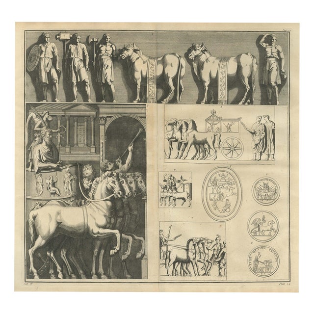Bernard de Montfaucon, Roman Triumphal Chariots, Sacrificial Bulls and Coins, 1722, Engraving For Sale