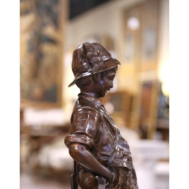 Mid 20th Century Mid-Century French Patinated Bronze Sculpture of a Young Hunter With Hare For Sale In Dallas - Image 6 of 10