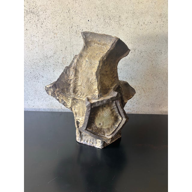 Striking vintage American studio pottery vase with a highly sculptural Brutalist form. Hand-built with irregular...