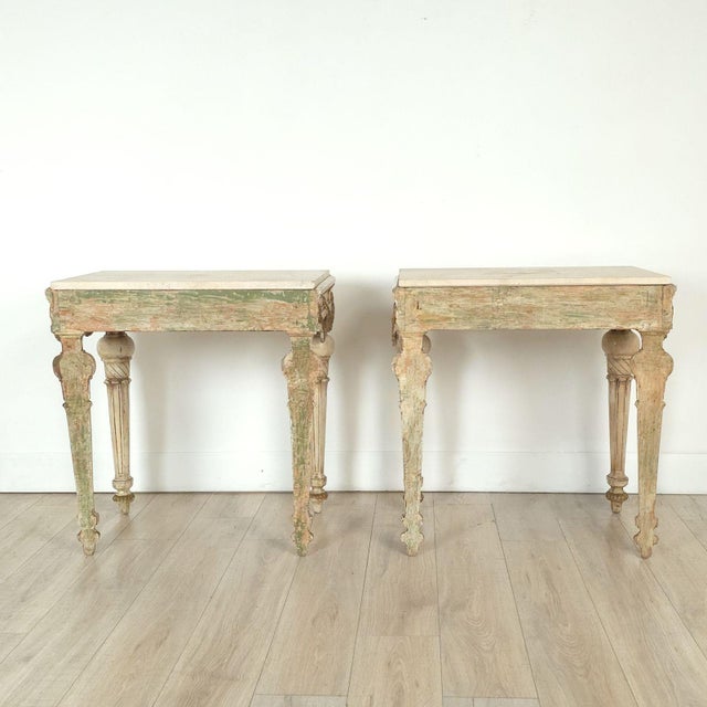 French Pair of Louis XVI–Style Painted and Gilt Stone Top Consoles, Sweden Circa 1900 For Sale - Image 3 of 12