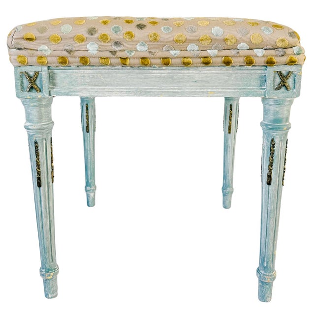 Mid 20th Century French Louis XVI Style Blue Painted Footstools With Brass Accents & Polka Dot Cut Velvet - A Pair For Sale - Image 4 of 18