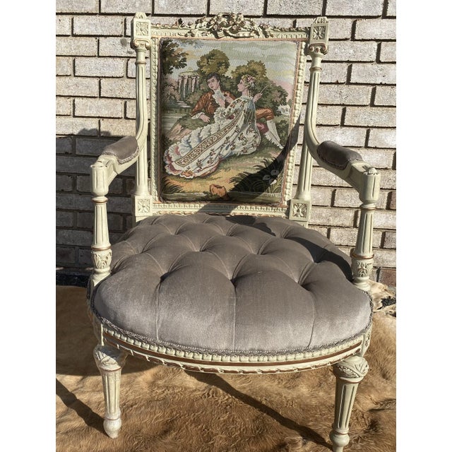 A stunning amazing unique Louis XV French style Arm chair, Walnut hand carved frame with Aubusson upholstery with romantic...