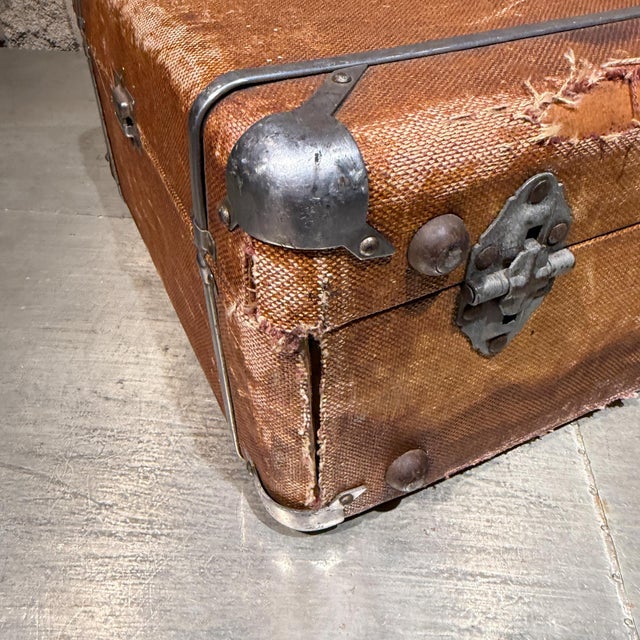 Weathered Brown Vintage Suitcase With Metallic Latches Industrial For Sale - Image 14 of 16