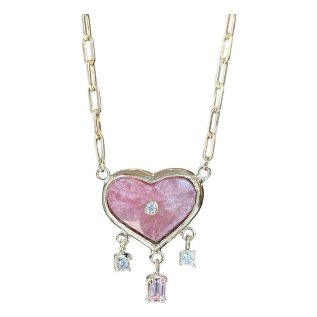 Rhodochrosite Heart Necklace With Diamonds, Spinel & 14k Gold Paperclip Chain For Sale