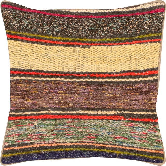 1960s Turkish Rag Pillow. Sewn with fragments of vintage hand made Anatolian cotton & linen kilims. Fiber fill. 523084