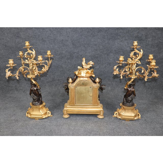 French 19th C. French Louis XV Style Ormolu & Bronze Clock Set by Balthazard Paris For Sale - Image 3 of 17