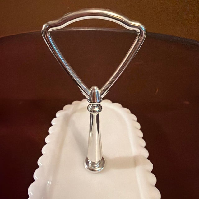Glass Vintage Fenton Hobnail Milk Glass Oil Vinegar Cruet Set Center Metal Handle Tray For Sale - Image 7 of 8