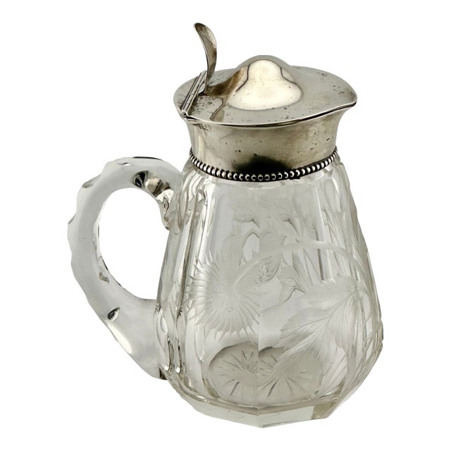 Antique American Sterling Silver Mounted Hand Cut & Intaglio Carved Crystal Maple Syrup Pitcher For Sale