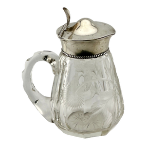 Antique American Sterling Silver Mounted Hand Cut & Intaglio Carved Crystal Maple Syrup Pitcher