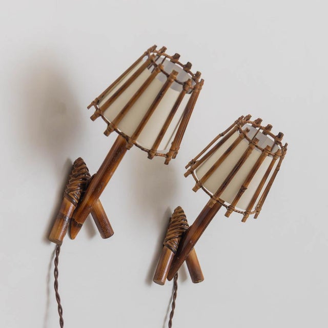 Louis Sognot 1960s French Rattan Sconces by Louis Sognot - a Pair For Sale - Image 4 of 10