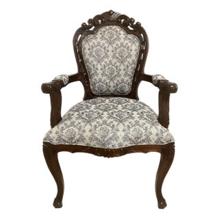Louis XV Style Bergere Carved Wood and Blue and Dark White Designed Upholstered Chair Vintage For Sale