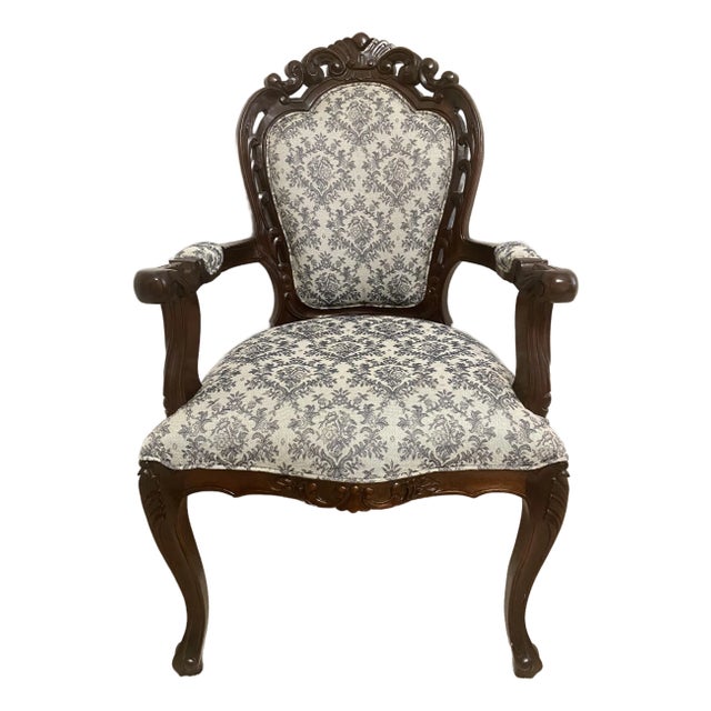 Louis XV Style Bergere Carved Wood and Blue and Dark White Designed Upholstered Chair Vintage For Sale