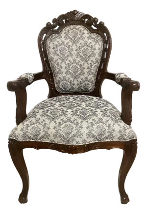 Louis XV Style Bergere Carved Wood and Blue and Dark White Designed Upholstered Chair Vintage.