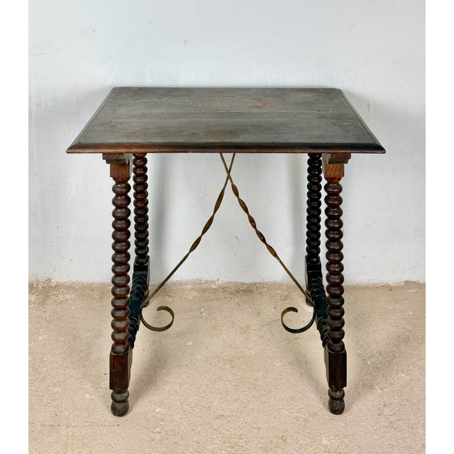 Spanish Barley Twist Side Table with Wrought Iron Stretchers, 1930s For Sale - Image 3 of 11