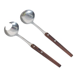 WMF Cromargan Wood & Stainless-Steel Salad Servers Mid Century Modern Dansk For Sale