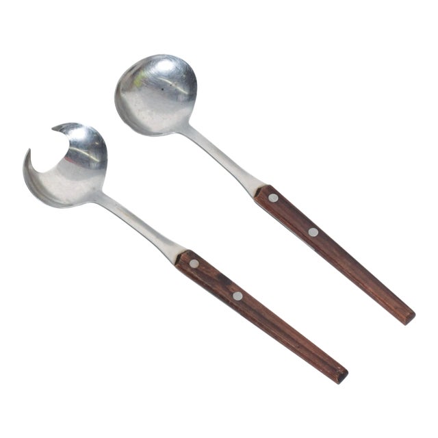 WMF Cromargan Wood & Stainless-Steel Salad Servers Mid Century Modern Dansk For Sale