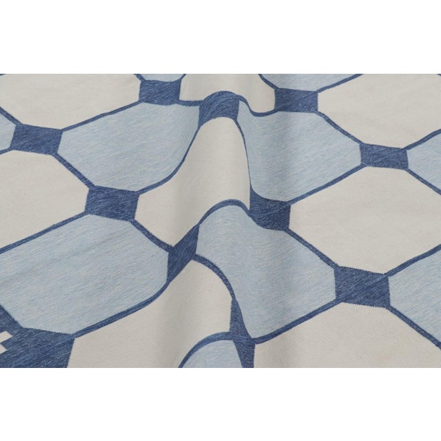 Textile Rug & Kilim's Oversized Dhurrie Rug in White and Blue Geometric Patterns For Sale - Image 7 of 8