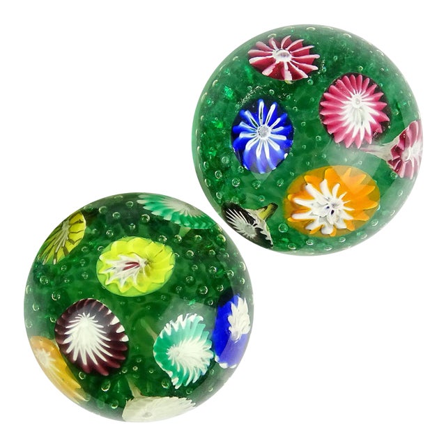 Murano Vintage Fratelli Toso Rainbow Wild Flower Garden Italian Art Glass Paperweights - A Pair For Sale