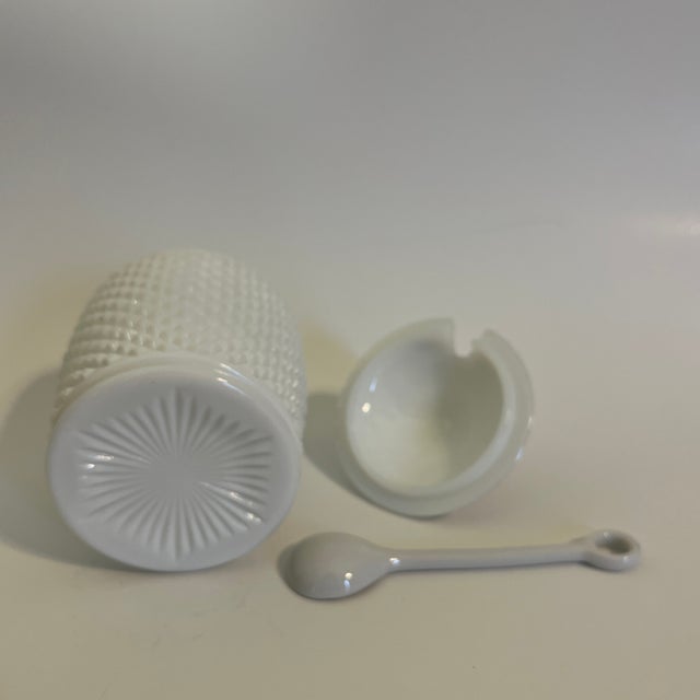 1920s Westmoreland English Hobnail Milk Glass Jam or Honey Jar With Lid and Porcelain Spoon For Sale In Washington DC - Image 6 of 10