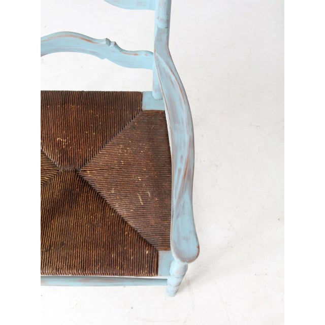 French Country Vintage Painted Ladder Back Chair With Rush Seat For Sale - Image 3 of 13
