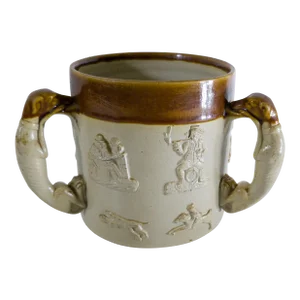 19th Century English or German Salt Glazed Dog Handled Hunting Tyg Vessel