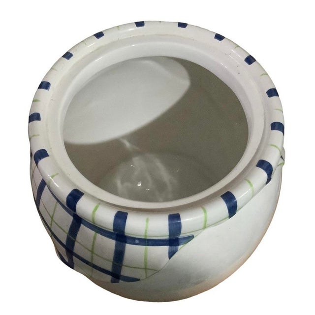 1990s Vintage Bella Casa by Ganz Trompe L’Oeil Blue and White Plaid Peach / Peaches 3d Fruit Cookie Jar Canister For Sale - Image 5 of 11