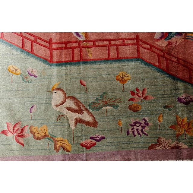 1920s Scenic Coral Antique Chinese Art Deco Bird Knotted Wool Carpet Rug For Sale In New York - Image 6 of 11
