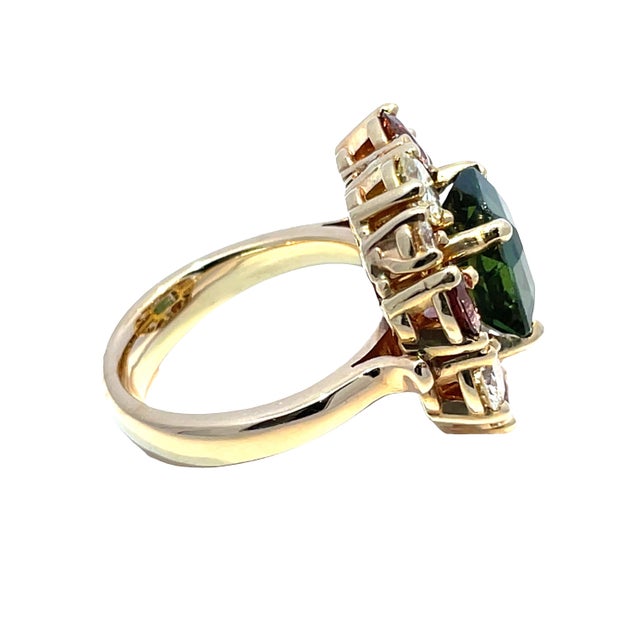 GIA-Certified Tourmaline, Diamond & Garnet Ring in 18k Yellow Gold, Size 7 For Sale - Image 4 of 4