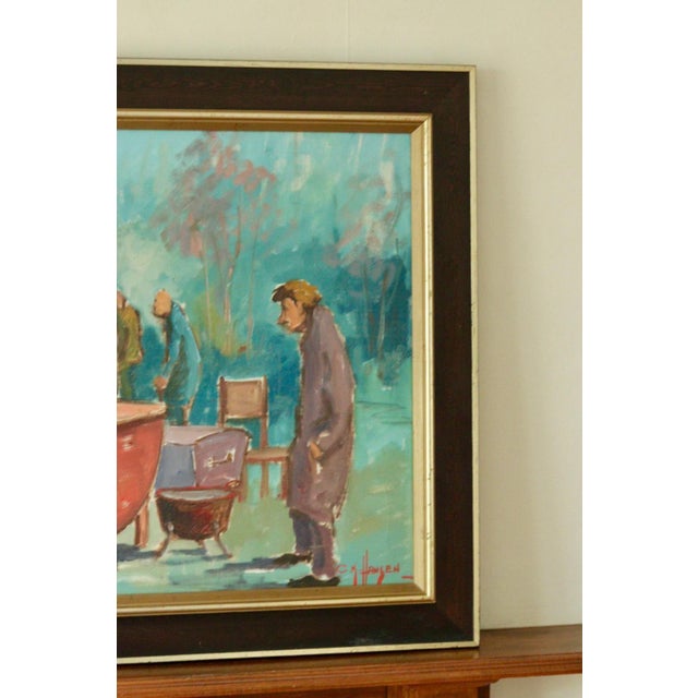 Original Swedish Mid Century Oil on Canvas – “Auction” by Carlo Knud Hansen – Vintage & Framed 76 x 65 cm (29.9" x 25.6")...