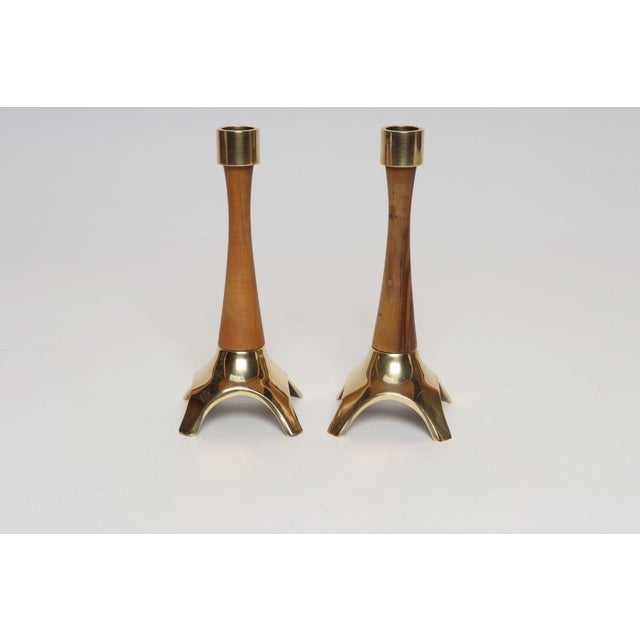 Mid-Century Modern Pair of Sculptural Vintage Austrian Brass and Walnut Candlesticks For Sale - Image 3 of 18