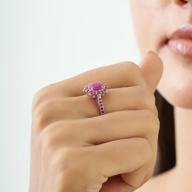Carat&Her Georgian Style Oval Cut Ruby Halo Cluster Ring in Sterling Silver, Size 9 For Sale - Image 6 of 13