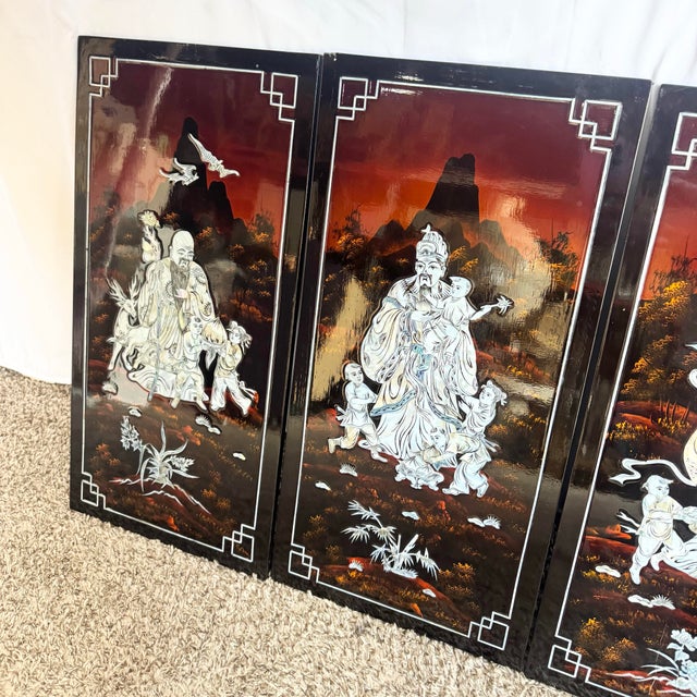 Chinese Black Lacquered Mother of Pearl Inlayed Panels - Set of 4 For Sale - Image 4 of 12