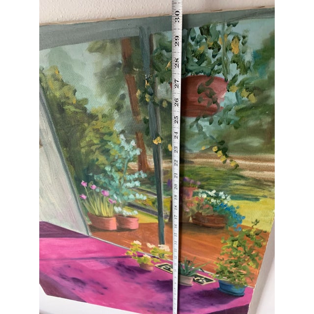 Vintage Oil Painting on Canvas of an Interior Scene with Magenta Carpet and Plants For Sale - Image 10 of 11