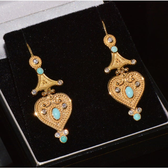 Gorgeous Natural Diamond Turquoise 18k Solid Gold Byzantine Beaded Greek Dangle Earrings, A Pair For Sale - Image 9 of 11